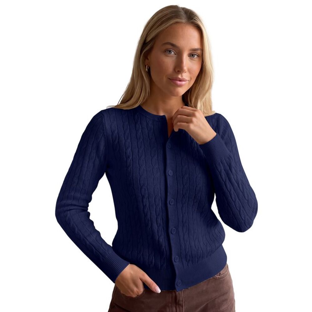 Women Crew Neck Long Sleeve Button Up Fall Winter Knitted Sweater Navy Blue
